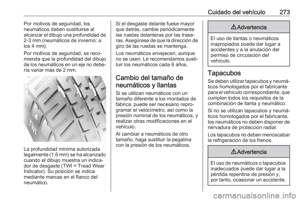 OPEL INSIGNIA BREAK 2017.5 Manual de Instrucciones (in Spanish) Cuidado del vehículo273Por motivos de seguridad, los
neumáticos deben sustituirse al
alcanzar el dibujo una profundidad de
2-3 mm (neumáticos de invierno: a
los 4 mm).
Por motivos de seguridad, se OPEL INSIGNIA BREAK 2017.5 Manual de Instrucciones (in Spanish) Cuidado del vehículo273Por motivos de seguridad, los
neumáticos deben sustituirse al
alcanzar el dibujo una profundidad de
2-3 mm (neumáticos de invierno: a
los 4 mm).
Por motivos de seguridad, se