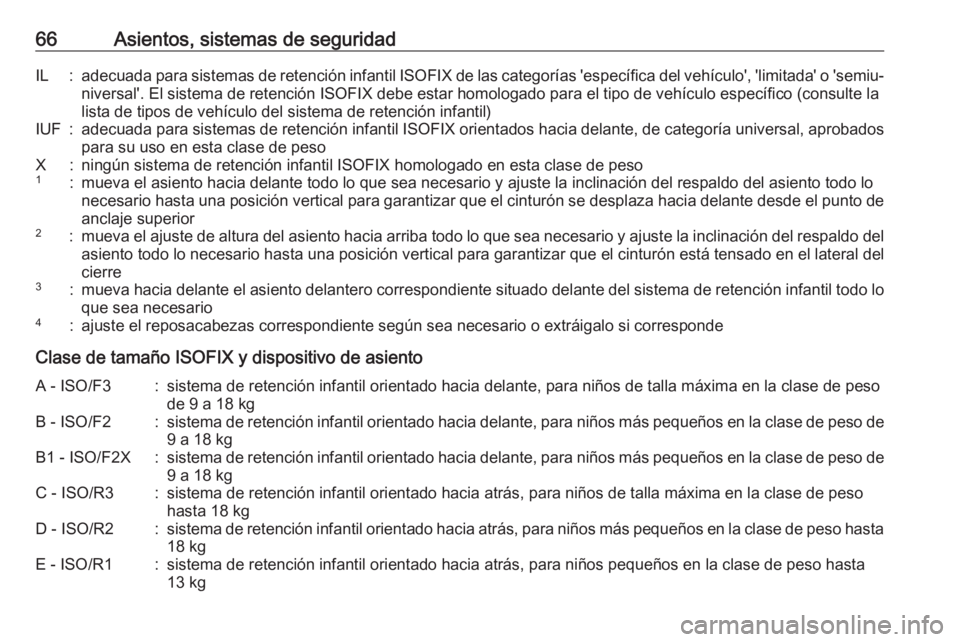 OPEL INSIGNIA BREAK 2017.5 Manual de Instrucciones (in Spanish) 66Asientos, sistemas de seguridadIL:adecuada para sistemas de retención infantil ISOFIX de las categorías 'específica del vehículo', 'limitada' o 'semiu‐
niversal'. El si OPEL INSIGNIA BREAK 2017.5 Manual de Instrucciones (in Spanish) 66Asientos, sistemas de seguridadIL:adecuada para sistemas de retención infantil ISOFIX de las categorías 'específica del vehículo', 'limitada' o 'semiu‐
niversal'. El si