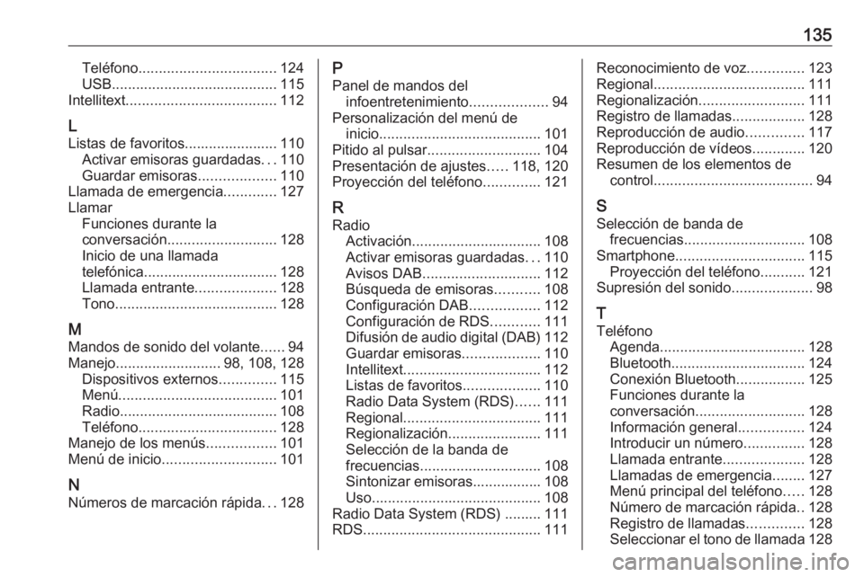 OPEL INSIGNIA BREAK 2017.75  Manual de infoentretenimiento (in Spanish) 135Teléfono.................................. 124
USB ......................................... 115
Intellitext ..................................... 112
L
Listas de favoritos....................... 