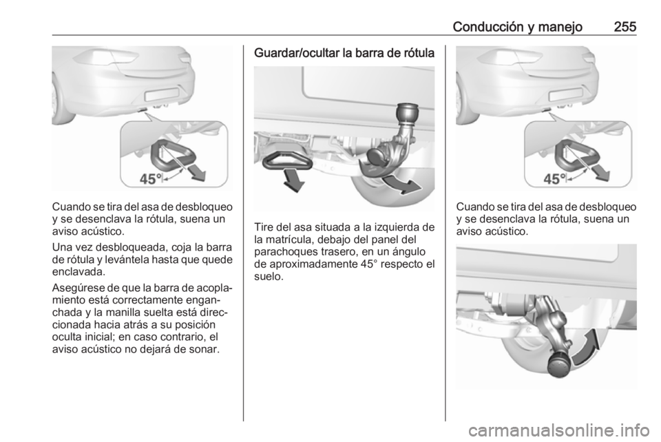 OPEL INSIGNIA BREAK 2018 Manual de Instrucciones (in Spanish) Conducción y manejo255
Cuando se tira del asa de desbloqueoy se desenclava la rótula, suena un
aviso acústico.
Una vez desbloqueada, coja la barra
de rótula y levántela hasta que quede
enclavada. OPEL INSIGNIA BREAK 2018 Manual de Instrucciones (in Spanish) Conducción y manejo255
Cuando se tira del asa de desbloqueoy se desenclava la rótula, suena un
aviso acústico.
Una vez desbloqueada, coja la barra
de rótula y levántela hasta que quede
enclavada.