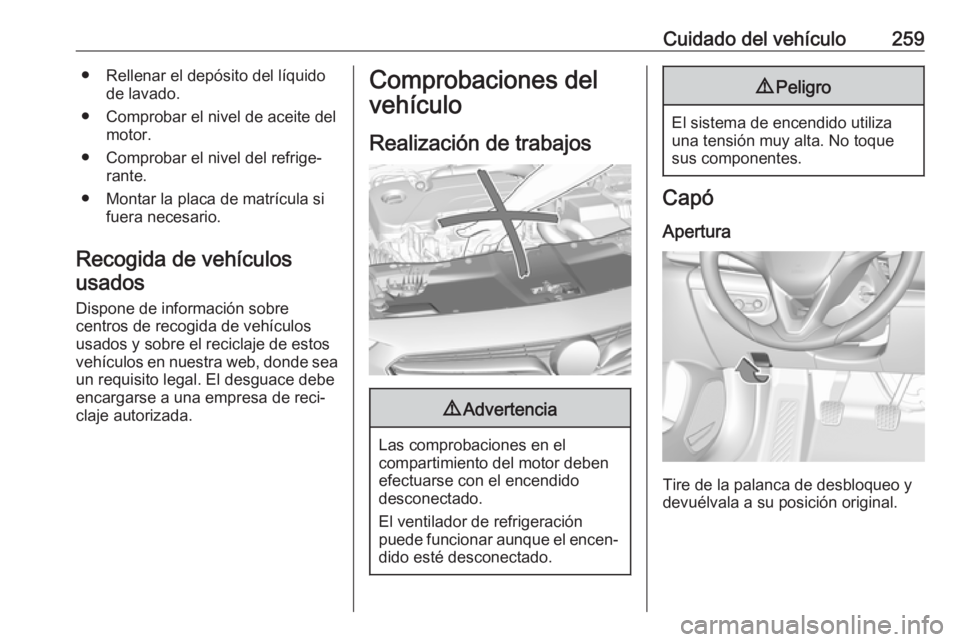 OPEL INSIGNIA BREAK 2018 Manual de Instrucciones (in Spanish) Cuidado del vehículo259● Rellenar el depósito del líquidode lavado.
● Comprobar el nivel de aceite del motor.
● Comprobar el nivel del refrige‐ rante.
● Montar la placa de matrícula si f OPEL INSIGNIA BREAK 2018 Manual de Instrucciones (in Spanish) Cuidado del vehículo259● Rellenar el depósito del líquidode lavado.
● Comprobar el nivel de aceite del motor.
● Comprobar el nivel del refrige‐ rante.
● Montar la placa de matrícula si f