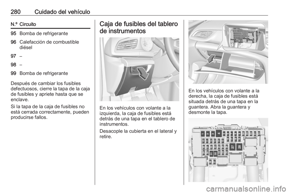OPEL INSIGNIA BREAK 2018 Manual de Instrucciones (in Spanish) 280Cuidado del vehículoN.ºCircuito95Bomba de refrigerante96Calefacción de combustible
diésel97–98–99Bomba de refrigerante
Después de cambiar los fusibles
defectuosos, cierre la tapa de la caj OPEL INSIGNIA BREAK 2018 Manual de Instrucciones (in Spanish) 280Cuidado del vehículoN.ºCircuito95Bomba de refrigerante96Calefacción de combustible
diésel97–98–99Bomba de refrigerante
Después de cambiar los fusibles
defectuosos, cierre la tapa de la caj
