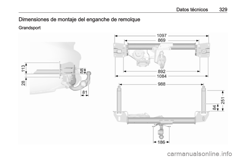 OPEL INSIGNIA BREAK 2018 Manual de Instrucciones (in Spanish) Datos técnicos329Dimensiones de montaje del enganche de remolqueGrandsport OPEL INSIGNIA BREAK 2018 Manual de Instrucciones (in Spanish) Datos técnicos329Dimensiones de montaje del enganche de remolqueGrandsport