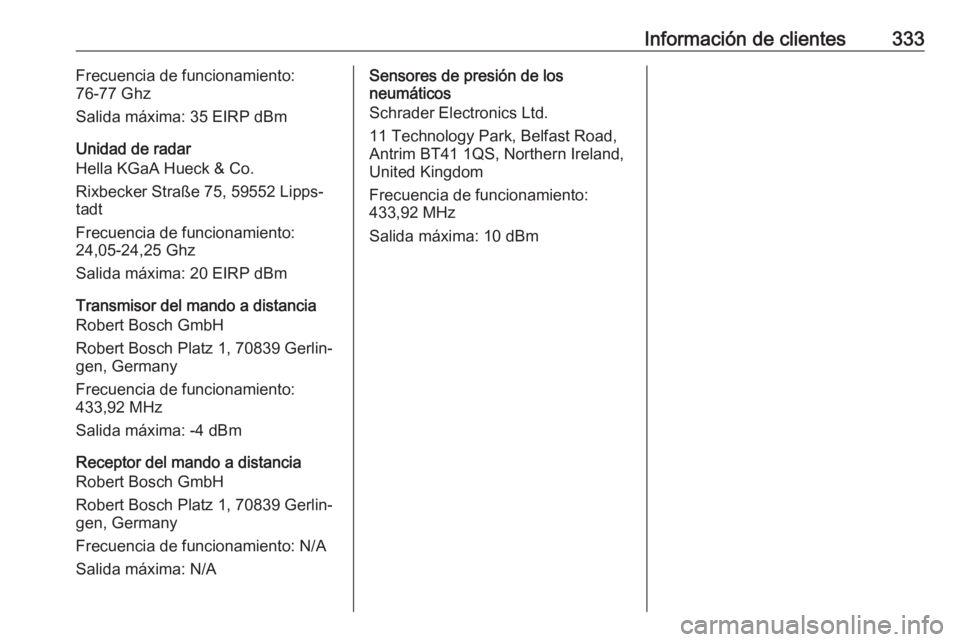 OPEL INSIGNIA BREAK 2018 Manual de Instrucciones (in Spanish) Información de clientes333Frecuencia de funcionamiento:
76-77 Ghz
Salida máxima: 35 EIRP dBm
Unidad de radar
Hella KGaA Hueck & Co.
Rixbecker Straße 75, 59552 Lipps‐
tadt
Frecuencia de funcionami OPEL INSIGNIA BREAK 2018 Manual de Instrucciones (in Spanish) Información de clientes333Frecuencia de funcionamiento:
76-77 Ghz
Salida máxima: 35 EIRP dBm
Unidad de radar
Hella KGaA Hueck & Co.
Rixbecker Straße 75, 59552 Lipps‐
tadt
Frecuencia de funcionami