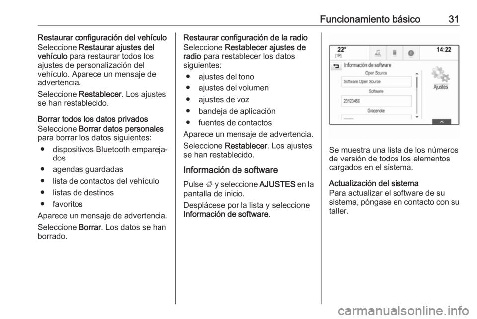 OPEL INSIGNIA BREAK 2018.5 Manual de infoentretenimiento (in Spanish) Funcionamiento básico31Restaurar configuración del vehículo
Seleccione Restaurar ajustes del
vehículo para restaurar todos los
ajustes de personalización del
vehículo. Aparece un mensaje de
ad OPEL INSIGNIA BREAK 2018.5 Manual de infoentretenimiento (in Spanish) Funcionamiento básico31Restaurar configuración del vehículo
Seleccione Restaurar ajustes del
vehículo para restaurar todos los
ajustes de personalización del
vehículo. Aparece un mensaje de
ad
