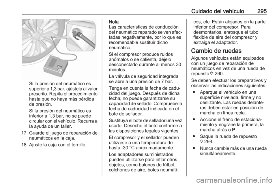 OPEL INSIGNIA BREAK 2018.5  Manual de Instrucciones (in Spanish) Cuidado del vehículo295
Si la presión del neumático es
superior a 1,3 bar, ajústela al valor
prescrito. Repita el procedimiento hasta que no haya más pérdida
de presión.
Si la presión del neum