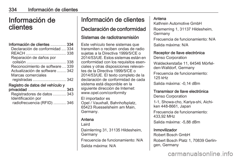 OPEL INSIGNIA BREAK 2018.5 Manual de Instrucciones (in Spanish) 334Información de clientesInformación de
clientesInformación de clientes ..............334
Declaración de conformidad ....334
REACH .................................... 338
Reparación de daños p OPEL INSIGNIA BREAK 2018.5 Manual de Instrucciones (in Spanish) 334Información de clientesInformación de
clientesInformación de clientes ..............334
Declaración de conformidad ....334
REACH .................................... 338
Reparación de daños p