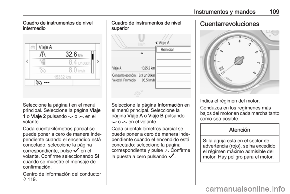 OPEL INSIGNIA BREAK 2019  Manual de Instrucciones (in Spanish) Instrumentos y mandos109Cuadro de instrumentos de nivel
intermedio
Seleccione la página  i en el menú
principal. Seleccione la página  Viaje
1  o  Viaje 2  pulsando  P o  N en el
volante.
Cada cuen