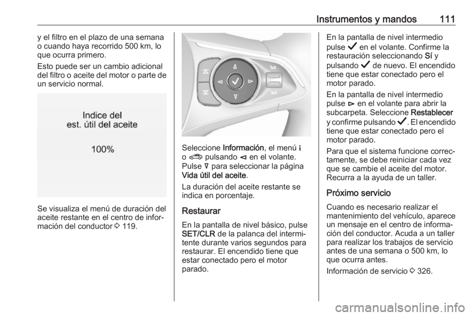 OPEL INSIGNIA BREAK 2019  Manual de Instrucciones (in Spanish) Instrumentos y mandos111y el filtro en el plazo de una semana
o cuando haya recorrido 500 km, lo
que ocurra primero.
Esto puede ser un cambio adicional
del filtro o aceite del motor o parte de
un serv