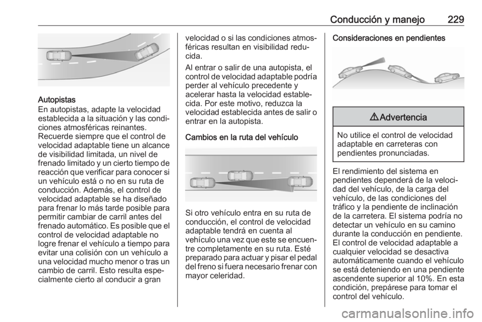 OPEL INSIGNIA BREAK 2019 Manual de Instrucciones (in Spanish) Conducción y manejo229
Autopistas
En autopistas, adapte la velocidad
establecida a la situación y las condi‐
ciones atmosféricas reinantes.
Recuerde siempre que el control de
velocidad adaptable OPEL INSIGNIA BREAK 2019 Manual de Instrucciones (in Spanish) Conducción y manejo229
Autopistas
En autopistas, adapte la velocidad
establecida a la situación y las condi‐
ciones atmosféricas reinantes.
Recuerde siempre que el control de
velocidad adaptable