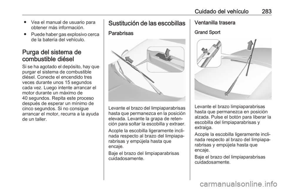 OPEL INSIGNIA BREAK 2019 Manual de Instrucciones (in Spanish) Cuidado del vehículo283● Vea el manual de usuario paraobtener más información.
● Puede haber gas explosivo cerca
de la batería del vehículo.
Purga del sistema de combustible diésel
Si se ha OPEL INSIGNIA BREAK 2019 Manual de Instrucciones (in Spanish) Cuidado del vehículo283● Vea el manual de usuario paraobtener más información.
● Puede haber gas explosivo cerca
de la batería del vehículo.
Purga del sistema de combustible diésel
Si se ha
