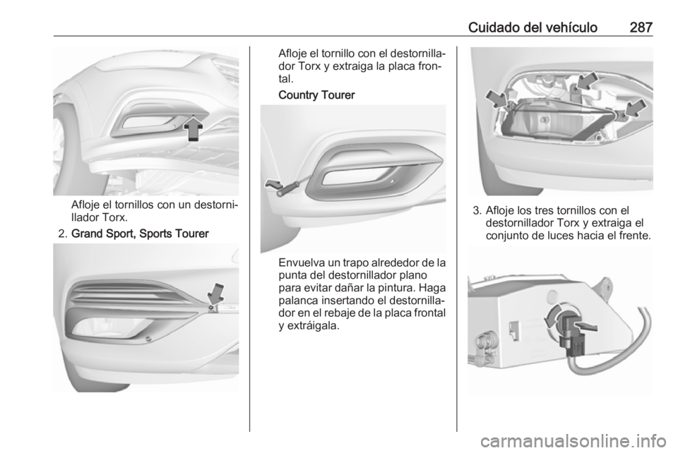 OPEL INSIGNIA BREAK 2019 Manual de Instrucciones (in Spanish) Cuidado del vehículo287
Afloje el tornillos con un destorni‐
llador Torx.
2. Grand Sport, Sports Tourer
Afloje el tornillo con el destornilla‐
dor Torx y extraiga la placa fron‐
tal.
Country To OPEL INSIGNIA BREAK 2019 Manual de Instrucciones (in Spanish) Cuidado del vehículo287
Afloje el tornillos con un destorni‐
llador Torx.
2. Grand Sport, Sports Tourer
Afloje el tornillo con el destornilla‐
dor Torx y extraiga la placa fron‐
tal.
Country To