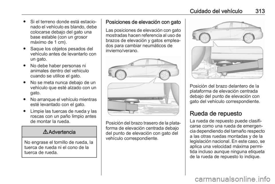 OPEL INSIGNIA BREAK 2019 Manual de Instrucciones (in Spanish) Cuidado del vehículo313● Si el terreno donde está estacio‐nado el vehículo es blando, debe
colocarse debajo del gato una
base estable (con un grosor
máximo de 1 cm).
● Saque los objetos pesa OPEL INSIGNIA BREAK 2019 Manual de Instrucciones (in Spanish) Cuidado del vehículo313● Si el terreno donde está estacio‐nado el vehículo es blando, debe
colocarse debajo del gato una
base estable (con un grosor
máximo de 1 cm).
● Saque los objetos pesa