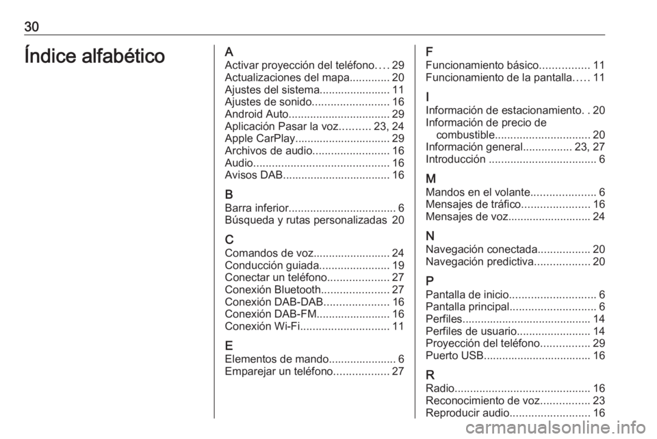 OPEL INSIGNIA BREAK 2019.5  Manual de infoentretenimiento (in Spanish) 30Índice alfabéticoAActivar proyección del teléfono ....29
Actualizaciones del mapa .............20
Ajustes del sistema....................... 11
Ajustes de sonido .........................16
Andr
