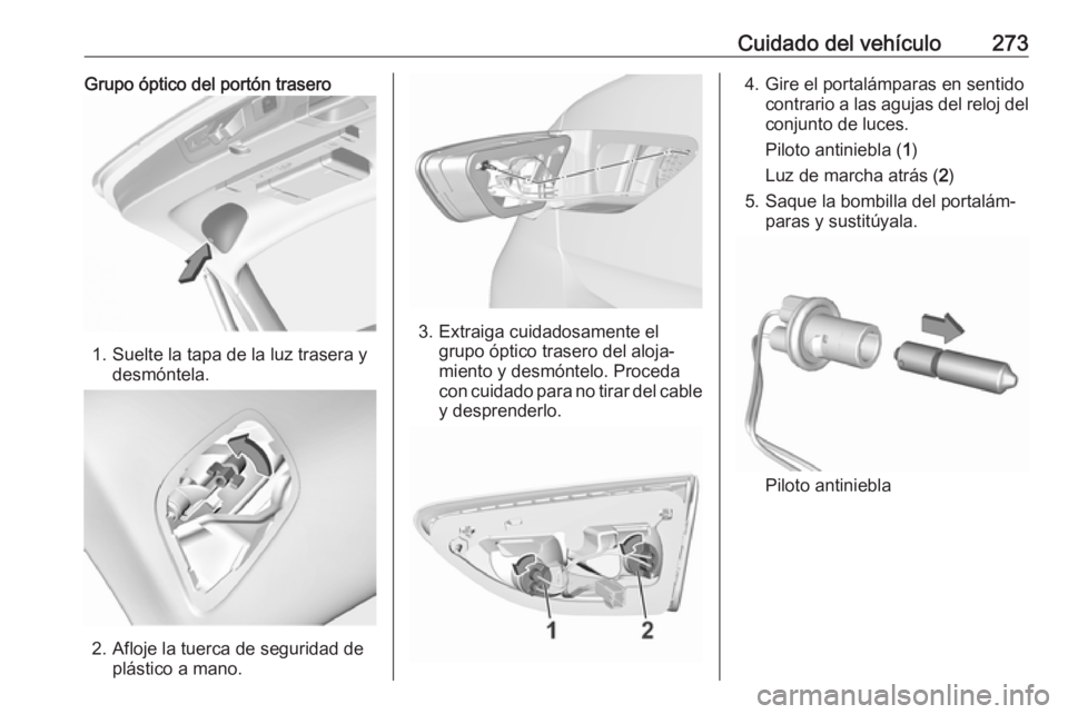OPEL INSIGNIA BREAK 2019.5  Manual de Instrucciones (in Spanish) Cuidado del vehículo273Grupo óptico del portón trasero
1. Suelte la tapa de la luz trasera ydesmóntela.
2. Afloje la tuerca de seguridad deplástico a mano.
3. Extraiga cuidadosamente elgrupo ópt
