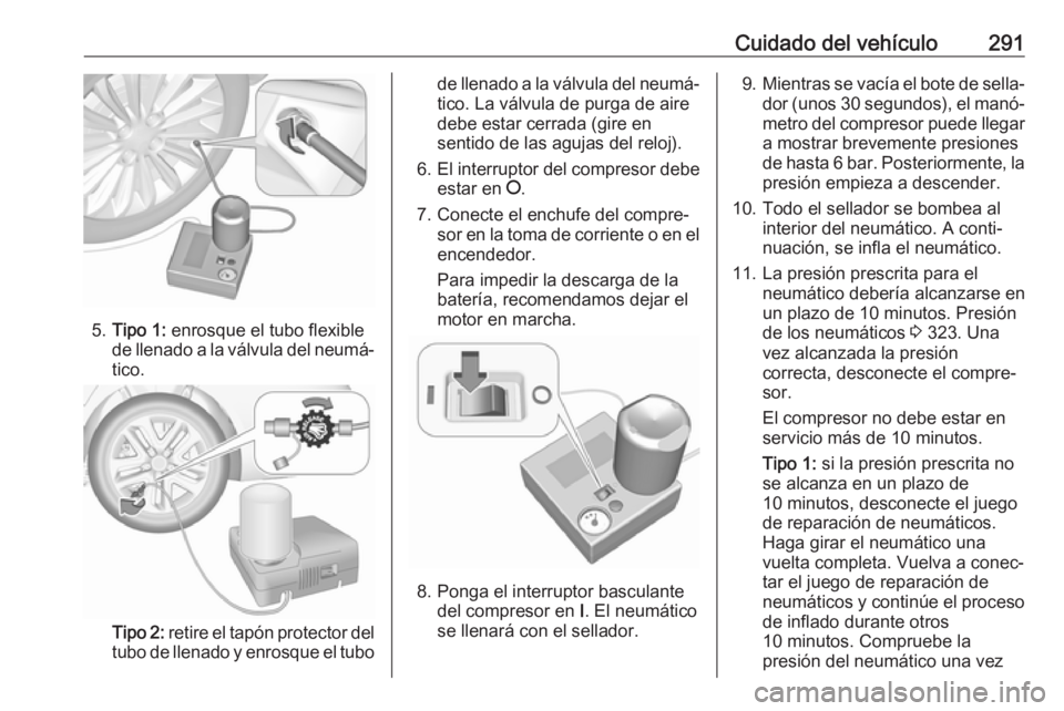 OPEL INSIGNIA BREAK 2019.5  Manual de Instrucciones (in Spanish) Cuidado del vehículo291
5.Tipo 1:  enrosque el tubo flexible
de llenado a la válvula del neumá‐
tico.
Tipo 2:  retire el tapón protector del
tubo de llenado y enrosque el tubo
de llenado a la v