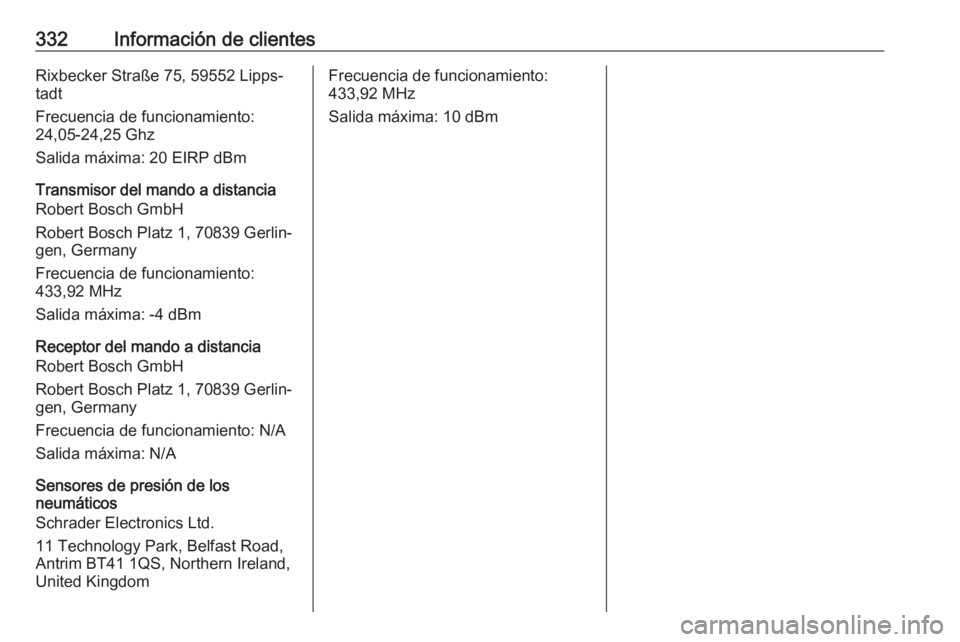 OPEL INSIGNIA BREAK 2019.5 Manual de Instrucciones (in Spanish) 332Información de clientesRixbecker Straße 75, 59552 Lipps‐
tadt
Frecuencia de funcionamiento:
24,05-24,25 Ghz
Salida máxima: 20 EIRP dBm
Transmisor del mando a distancia
Robert Bosch GmbH
Robert OPEL INSIGNIA BREAK 2019.5 Manual de Instrucciones (in Spanish) 332Información de clientesRixbecker Straße 75, 59552 Lipps‐
tadt
Frecuencia de funcionamiento:
24,05-24,25 Ghz
Salida máxima: 20 EIRP dBm
Transmisor del mando a distancia
Robert Bosch GmbH
Robert
