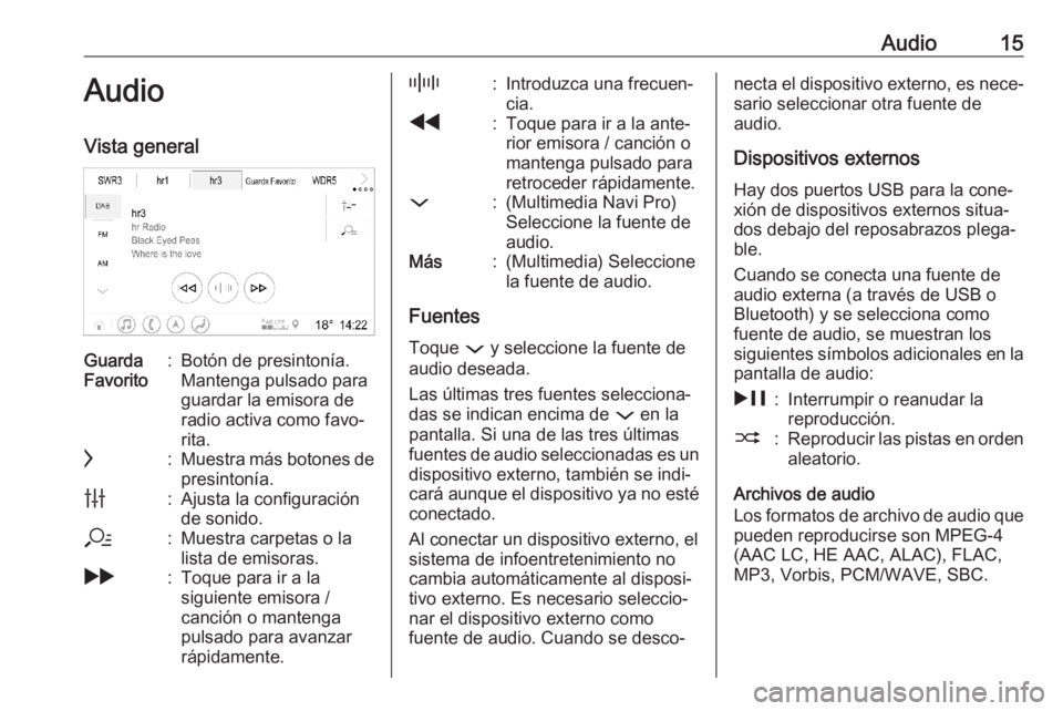 OPEL INSIGNIA BREAK 2020  Manual de infoentretenimiento (in Spanish) Audio15AudioVista generalGuarda
Favorito:Botón de presintonía.
Mantenga pulsado para
guardar la emisora de
radio activa como favo‐
rita.c:Muestra más botones de presintonía.b:Ajusta la configura