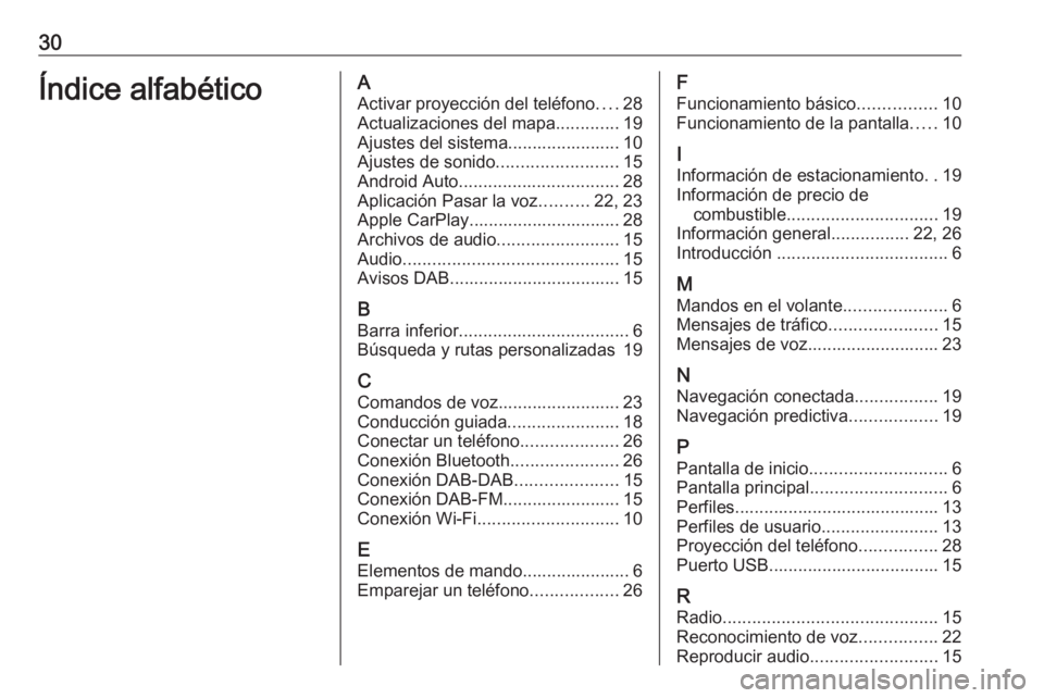 OPEL INSIGNIA BREAK 2020  Manual de infoentretenimiento (in Spanish) 30Índice alfabéticoAActivar proyección del teléfono ....28
Actualizaciones del mapa .............19
Ajustes del sistema....................... 10
Ajustes de sonido .........................15
Andr