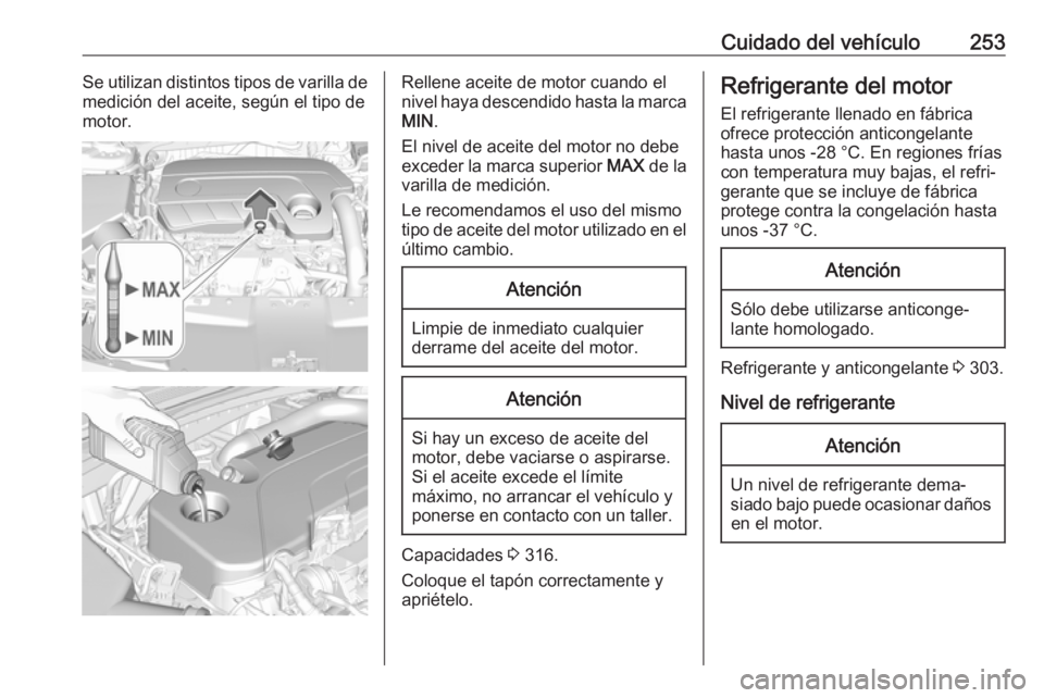 OPEL INSIGNIA BREAK 2020 Manual de Instrucciones (in Spanish) Cuidado del vehículo253Se utilizan distintos tipos de varilla de
medición del aceite, según el tipo de
motor.Rellene aceite de motor cuando el
nivel haya descendido hasta la marca MIN .
El nivel de OPEL INSIGNIA BREAK 2020 Manual de Instrucciones (in Spanish) Cuidado del vehículo253Se utilizan distintos tipos de varilla de
medición del aceite, según el tipo de
motor.Rellene aceite de motor cuando el
nivel haya descendido hasta la marca MIN .
El nivel de