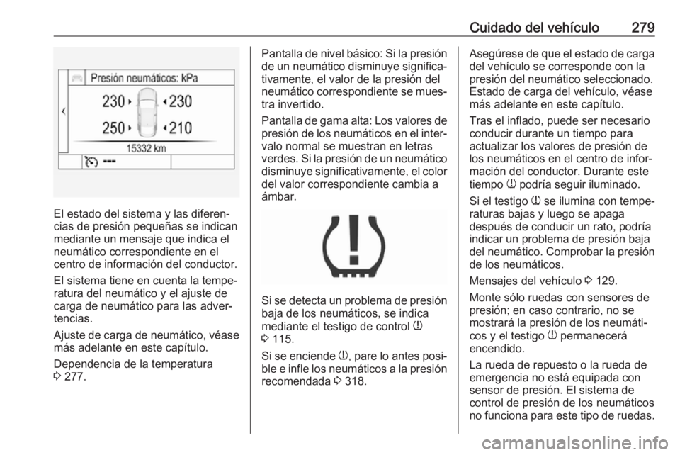 OPEL INSIGNIA BREAK 2020 Manual de Instrucciones (in Spanish) Cuidado del vehículo279
El estado del sistema y las diferen‐
cias de presión pequeñas se indican
mediante un mensaje que indica el
neumático correspondiente en el centro de información del cond OPEL INSIGNIA BREAK 2020 Manual de Instrucciones (in Spanish) Cuidado del vehículo279
El estado del sistema y las diferen‐
cias de presión pequeñas se indican
mediante un mensaje que indica el
neumático correspondiente en el centro de información del cond