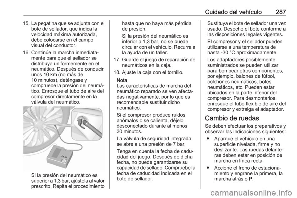 OPEL INSIGNIA BREAK 2020 Manual de Instrucciones (in Spanish) Cuidado del vehículo28715.La pegatina que se adjunta con el
bote de sellador, que indica la
velocidad máxima autorizada,
debe colocarse en el campo
visual del conductor.
16. Continúe la marcha inme OPEL INSIGNIA BREAK 2020 Manual de Instrucciones (in Spanish) Cuidado del vehículo28715.La pegatina que se adjunta con el
bote de sellador, que indica la
velocidad máxima autorizada,
debe colocarse en el campo
visual del conductor.
16. Continúe la marcha inme