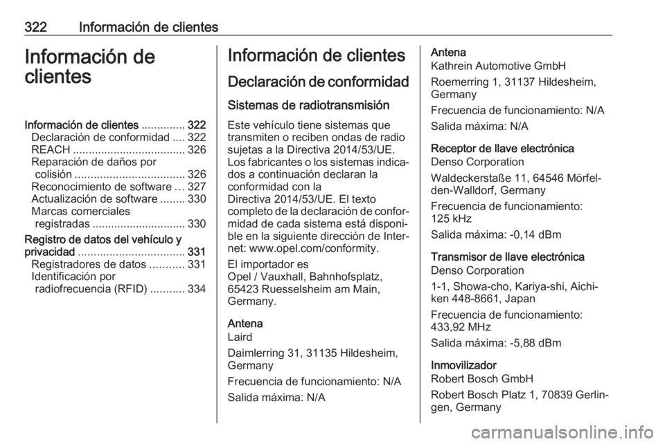 OPEL INSIGNIA BREAK 2020 Manual de Instrucciones (in Spanish) 322Información de clientesInformación de
clientesInformación de clientes ..............322
Declaración de conformidad ....322
REACH .................................... 326
Reparación de daños p OPEL INSIGNIA BREAK 2020 Manual de Instrucciones (in Spanish) 322Información de clientesInformación de
clientesInformación de clientes ..............322
Declaración de conformidad ....322
REACH .................................... 326
Reparación de daños p