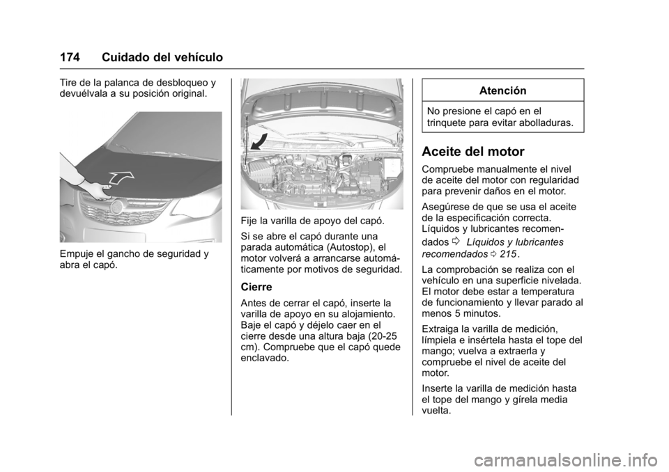 OPEL KARL 2016 Manual de Instrucciones (in Spanish) OPEL Karl Owner Manual (GMK-Localizing-EU LHD-9231167) - 2016 - crc -
9/9/15
174 Cuidado del vehículo
Tire de la palanca de desbloqueo y
devuélvala a su posición original.
Empuje el gancho de segur OPEL KARL 2016 Manual de Instrucciones (in Spanish) OPEL Karl Owner Manual (GMK-Localizing-EU LHD-9231167) - 2016 - crc -
9/9/15
174 Cuidado del vehículo
Tire de la palanca de desbloqueo y
devuélvala a su posición original.
Empuje el gancho de segur