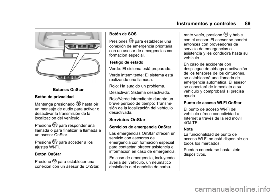 OPEL KARL 2016 Manual de Instrucciones (in Spanish) OPEL Karl Owner Manual (GMK-Localizing-EU LHD-9231167) - 2016 - crc -
9/9/15
Instrumentos y controles 89
Botones OnStar
Botón de privacidad
Mantenga presionado
!hasta oír
un mensaje de audio para ac OPEL KARL 2016 Manual de Instrucciones (in Spanish) OPEL Karl Owner Manual (GMK-Localizing-EU LHD-9231167) - 2016 - crc -
9/9/15
Instrumentos y controles 89
Botones OnStar
Botón de privacidad
Mantenga presionado
!hasta oír
un mensaje de audio para ac