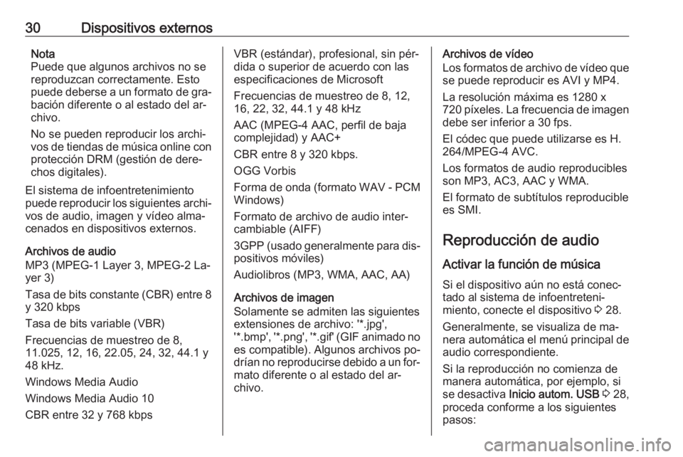 OPEL KARL 2016.5  Manual de infoentretenimiento (in Spanish) 30Dispositivos externosNota
Puede que algunos archivos no se
reproduzcan correctamente. Esto
puede deberse a un formato de gra‐
bación diferente o al estado del ar‐
chivo.
No se pueden reproducir