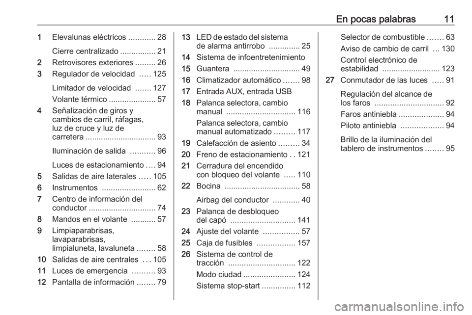 OPEL KARL 2016.5  Manual de Instrucciones (in Spanish) En pocas palabras111Elevalunas eléctricos ............28
Cierre centralizado ................21
2 Retrovisores exteriores .........26
3 Regulador de velocidad  .....125
Limitador de velocidad  ......
