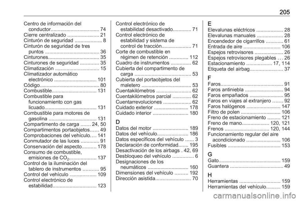 OPEL KARL 2016.5 Manual de Instrucciones (in Spanish) 205Centro de información delconductor .................................. 74
Cierre centralizado ......................21
Cinturón de seguridad ...................8
Cinturón de seguridad de tres p OPEL KARL 2016.5 Manual de Instrucciones (in Spanish) 205Centro de información delconductor .................................. 74
Cierre centralizado ......................21
Cinturón de seguridad ...................8
Cinturón de seguridad de tres p