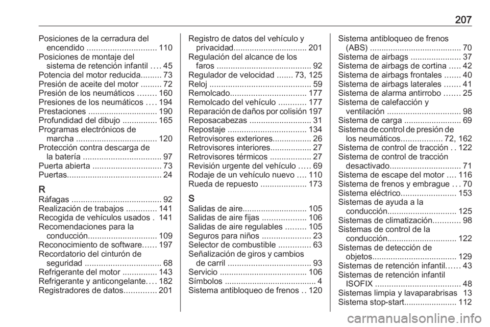 OPEL KARL 2016.5 Manual de Instrucciones (in Spanish) 207Posiciones de la cerradura delencendido .............................. 110
Posiciones de montaje del sistema de retención infantil ....45
Potencia del motor reducida .........73
Presión de acei OPEL KARL 2016.5 Manual de Instrucciones (in Spanish) 207Posiciones de la cerradura delencendido .............................. 110
Posiciones de montaje del sistema de retención infantil ....45
Potencia del motor reducida .........73
Presión de acei
