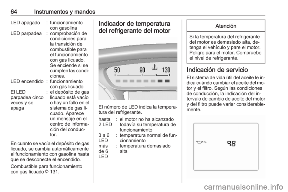 OPEL KARL 2016.5 Manual de Instrucciones (in Spanish) 64Instrumentos y mandosLED apagado:funcionamiento
con gasolinaLED parpadea:comprobación de
condiciones para
la transición de
combustible para
el funcionamiento
con gas licuado.
Se enciende si se
cum OPEL KARL 2016.5 Manual de Instrucciones (in Spanish) 64Instrumentos y mandosLED apagado:funcionamiento
con gasolinaLED parpadea:comprobación de
condiciones para
la transición de
combustible para
el funcionamiento
con gas licuado.
Se enciende si se
cum