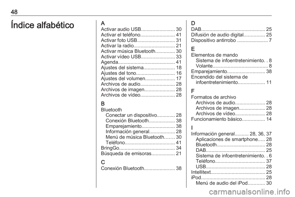 OPEL KARL 2017  Manual de infoentretenimiento (in Spanish) 48Índice alfabéticoAActivar audio USB ........................30
Activar el teléfono .........................41
Activar foto USB ........................... 31
Activar la radio ...................