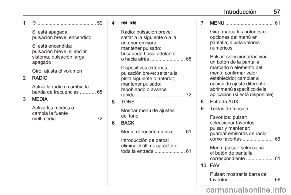 OPEL KARL 2017 Manual de infoentretenimiento (in Spanish) Introducción571X........................................... 59
Si está apagada:
pulsación breve: encendido
Si está encendida:
pulsación breve: silenciar
sistema; pulsación larga:
apagado
Giro: a OPEL KARL 2017 Manual de infoentretenimiento (in Spanish) Introducción571X........................................... 59
Si está apagada:
pulsación breve: encendido
Si está encendida:
pulsación breve: silenciar
sistema; pulsación larga:
apagado
Giro: a