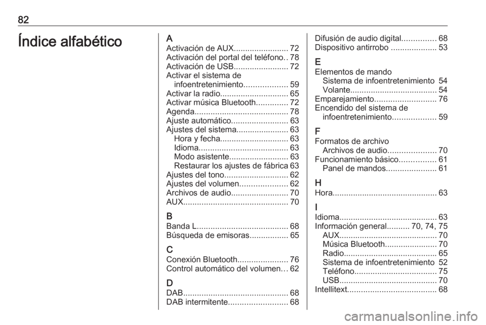 OPEL KARL 2017 Manual de infoentretenimiento (in Spanish) 82Índice alfabéticoAActivación de AUX ........................72
Activación del portal del teléfono ..78
Activación de USB ........................72
Activar el sistema de infoentretenimiento .. OPEL KARL 2017 Manual de infoentretenimiento (in Spanish) 82Índice alfabéticoAActivación de AUX ........................72
Activación del portal del teléfono ..78
Activación de USB ........................72
Activar el sistema de infoentretenimiento ..