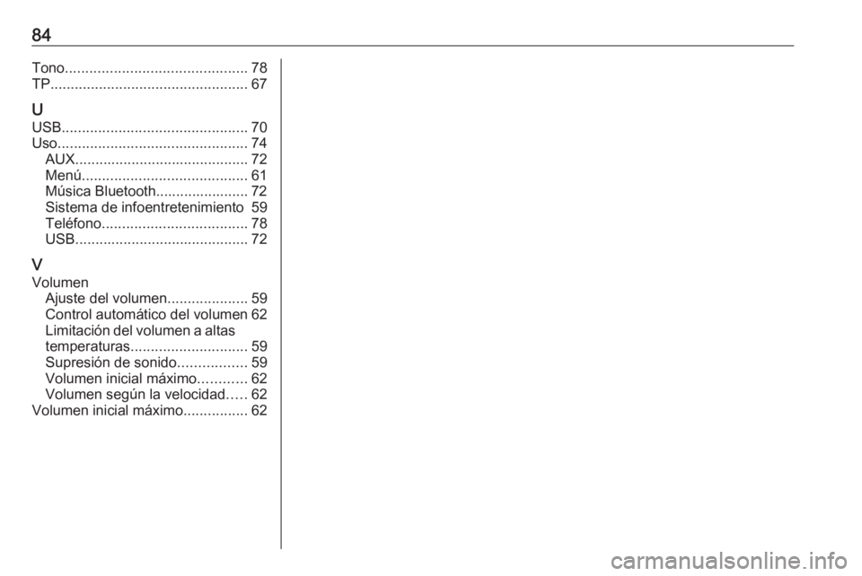 OPEL KARL 2017  Manual de infoentretenimiento (in Spanish) 84Tono............................................. 78
TP ................................................. 67
U USB .............................................. 70
Uso .............................