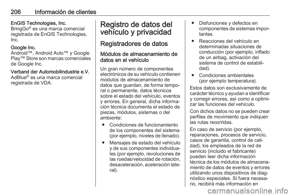 OPEL KARL 2017 Manual de Instrucciones (in Spanish) 206Información de clientesEnGIS Technologies, Inc.
BringGo ®
es una marca comercial
registrada de EnGIS Technologies,
Inc.Google Inc.
Android™, Android Auto™ y Google Play™ Store son marcas c OPEL KARL 2017 Manual de Instrucciones (in Spanish) 206Información de clientesEnGIS Technologies, Inc.
BringGo ®
es una marca comercial
registrada de EnGIS Technologies,
Inc.Google Inc.
Android™, Android Auto™ y Google Play™ Store son marcas c