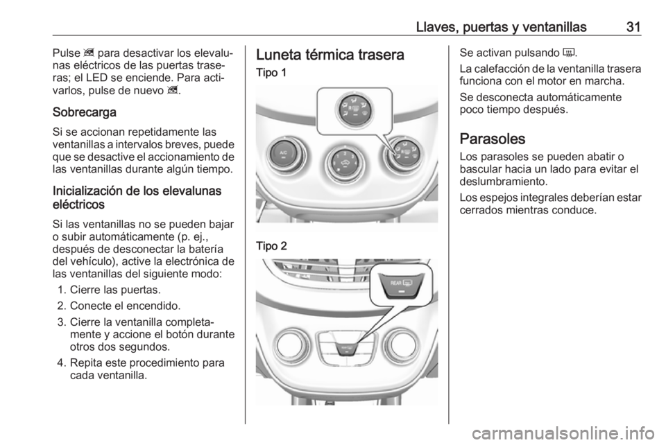 OPEL KARL 2017  Manual de Instrucciones (in Spanish) Llaves, puertas y ventanillas31Pulse z para desactivar los elevalu‐
nas eléctricos de las puertas trase‐
ras; el LED se enciende. Para acti‐
varlos, pulse de nuevo  z.
Sobrecarga Si se accionan