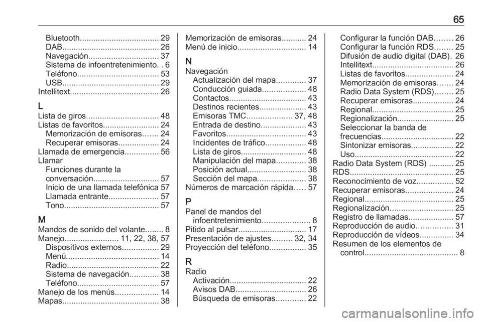 OPEL KARL 2018 Manual de infoentretenimiento (in Spanish) 65Bluetooth................................... 29
DAB ........................................... 26
Navegación ............................... 37
Sistema de infoentretenimiento ..6
Teléfono ....... OPEL KARL 2018 Manual de infoentretenimiento (in Spanish) 65Bluetooth................................... 29
DAB ........................................... 26
Navegación ............................... 37
Sistema de infoentretenimiento ..6
Teléfono .......