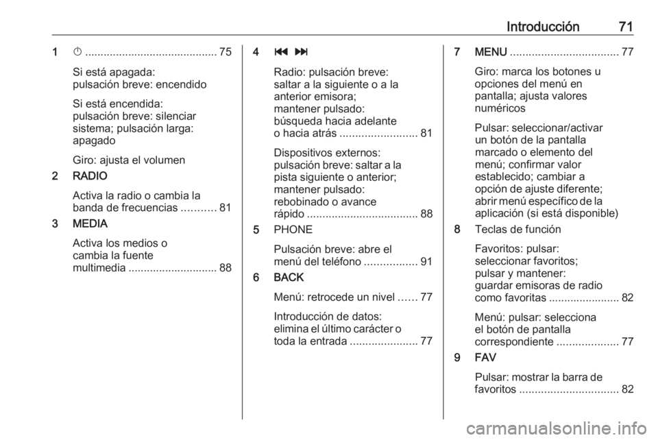 OPEL KARL 2018 Manual de infoentretenimiento (in Spanish) Introducción711X........................................... 75
Si está apagada:
pulsación breve: encendido
Si está encendida:
pulsación breve: silenciar
sistema; pulsación larga:
apagado
Giro: a OPEL KARL 2018 Manual de infoentretenimiento (in Spanish) Introducción711X........................................... 75
Si está apagada:
pulsación breve: encendido
Si está encendida:
pulsación breve: silenciar
sistema; pulsación larga:
apagado
Giro: a