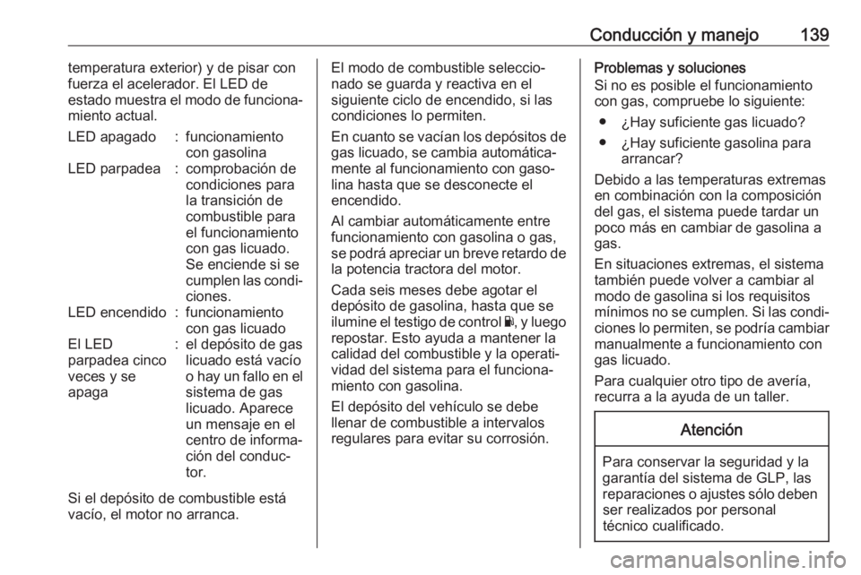 OPEL KARL 2018 Manual de Instrucciones (in Spanish) Conducción y manejo139temperatura exterior) y de pisar con
fuerza el acelerador. El LED de
estado muestra el modo de funciona‐
miento actual.LED apagado:funcionamiento
con gasolinaLED parpadea:comp OPEL KARL 2018 Manual de Instrucciones (in Spanish) Conducción y manejo139temperatura exterior) y de pisar con
fuerza el acelerador. El LED de
estado muestra el modo de funciona‐
miento actual.LED apagado:funcionamiento
con gasolinaLED parpadea:comp
