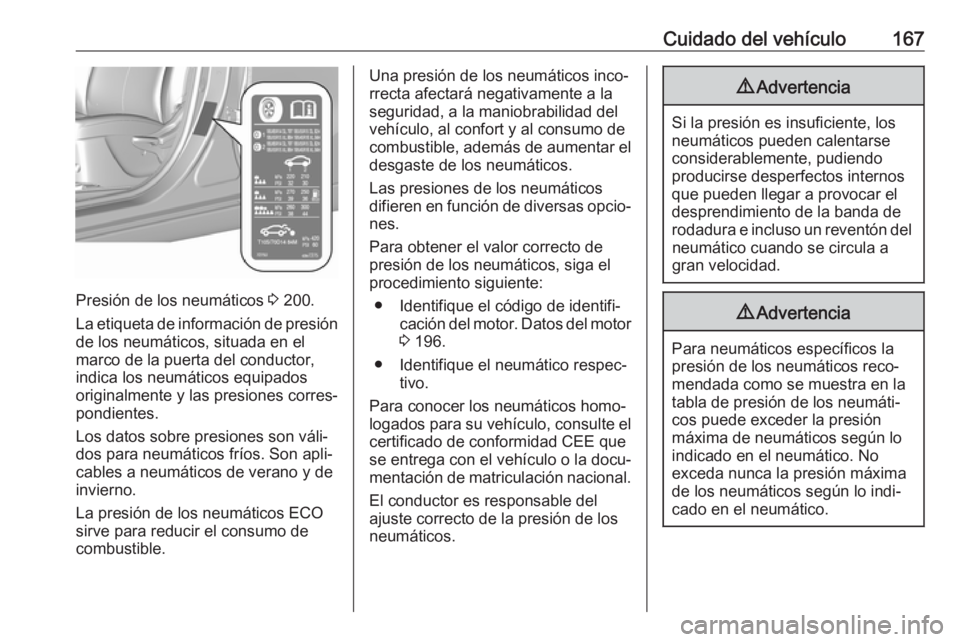 OPEL KARL 2018  Manual de Instrucciones (in Spanish) Cuidado del vehículo167
Presión de los neumáticos 3 200.
La etiqueta de información de presión
de los neumáticos, situada en el
marco de la puerta del conductor,
indica los neumáticos equipados