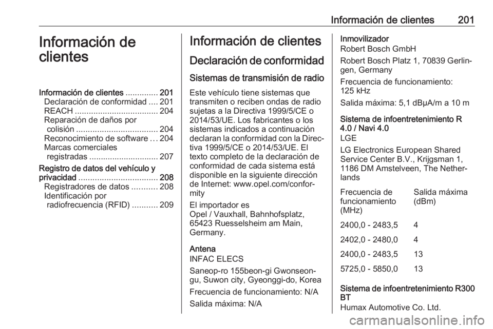 OPEL KARL 2018 Manual de Instrucciones (in Spanish) Información de clientes201Información de
clientesInformación de clientes ..............201
Declaración de conformidad ....201
REACH .................................... 204
Reparación de daños p OPEL KARL 2018 Manual de Instrucciones (in Spanish) Información de clientes201Información de
clientesInformación de clientes ..............201
Declaración de conformidad ....201
REACH .................................... 204
Reparación de daños p