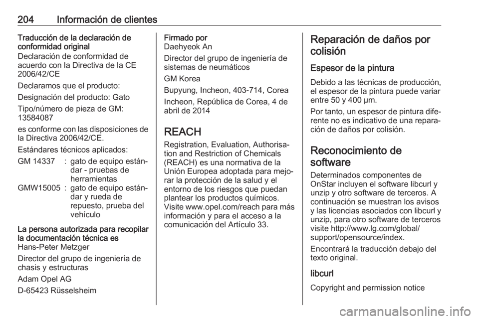 OPEL KARL 2018 Manual de Instrucciones (in Spanish) 204Información de clientesTraducción de la declaración de
conformidad original
Declaración de conformidad de
acuerdo con la Directiva de la CE
2006/42/CE
Declaramos que el producto:
Designación d OPEL KARL 2018 Manual de Instrucciones (in Spanish) 204Información de clientesTraducción de la declaración de
conformidad original
Declaración de conformidad de
acuerdo con la Directiva de la CE
2006/42/CE
Declaramos que el producto:
Designación d