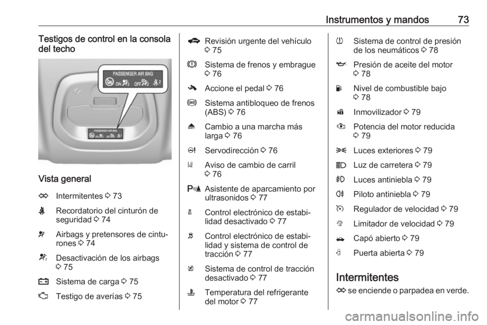 OPEL KARL 2018 Manual de Instrucciones (in Spanish) Instrumentos y mandos73Testigos de control en la consola
del techo
Vista general
OIntermitentes 3 73XRecordatorio del cinturón de
seguridad 3 74vAirbags y pretensores de cintu‐
rones 3 74VDesact OPEL KARL 2018 Manual de Instrucciones (in Spanish) Instrumentos y mandos73Testigos de control en la consola
del techo
Vista general
OIntermitentes 3 73XRecordatorio del cinturón de
seguridad 3 74vAirbags y pretensores de cintu‐
rones 3 74VDesact