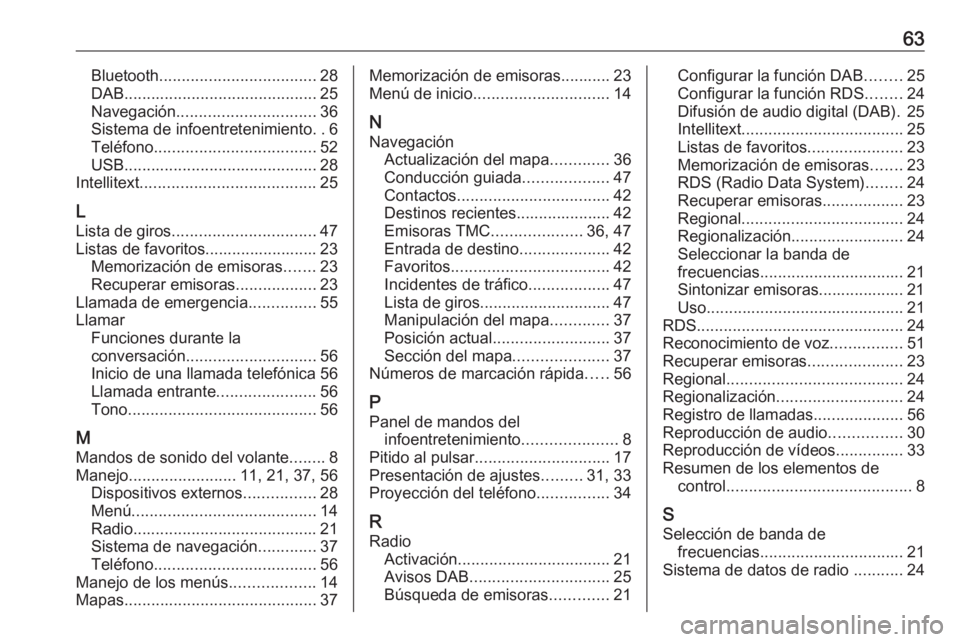 OPEL KARL 2018.5 Manual de infoentretenimiento (in Spanish) 63Bluetooth................................... 28
DAB ........................................... 25
Navegación ............................... 36
Sistema de infoentretenimiento ..6
Teléfono ....... OPEL KARL 2018.5 Manual de infoentretenimiento (in Spanish) 63Bluetooth................................... 28
DAB ........................................... 25
Navegación ............................... 36
Sistema de infoentretenimiento ..6
Teléfono .......