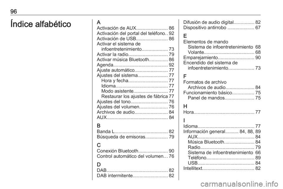 OPEL KARL 2018.5 Manual de infoentretenimiento (in Spanish) 96Índice alfabéticoAActivación de AUX ........................86
Activación del portal del teléfono ..92
Activación de USB ........................86
Activar el sistema de infoentretenimiento .. OPEL KARL 2018.5 Manual de infoentretenimiento (in Spanish) 96Índice alfabéticoAActivación de AUX ........................86
Activación del portal del teléfono ..92
Activación de USB ........................86
Activar el sistema de infoentretenimiento ..