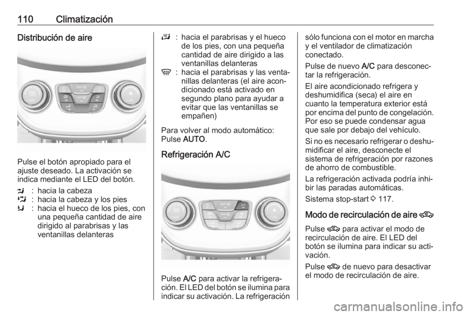OPEL KARL 2018.5 Manual de Instrucciones (in Spanish) 110ClimatizaciónDistribución de aire
Pulse el botón apropiado para el
ajuste deseado. La activación se
indica mediante el LED del botón.
M:hacia la cabezaL:hacia la cabeza y los piesK:hacia el hu OPEL KARL 2018.5 Manual de Instrucciones (in Spanish) 110ClimatizaciónDistribución de aire
Pulse el botón apropiado para el
ajuste deseado. La activación se
indica mediante el LED del botón.
M:hacia la cabezaL:hacia la cabeza y los piesK:hacia el hu